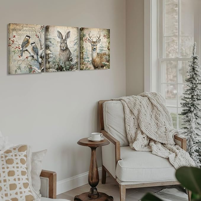 DSHFG Vintage Winter Woodland Animals Wall Decor, Woodland Animals Canvas Wall Art Decor Framed Set of 3, Winter Rabbit Wall Decor for Home Farmhouse Living Room, Housewarming Gifts 14x11 Inch