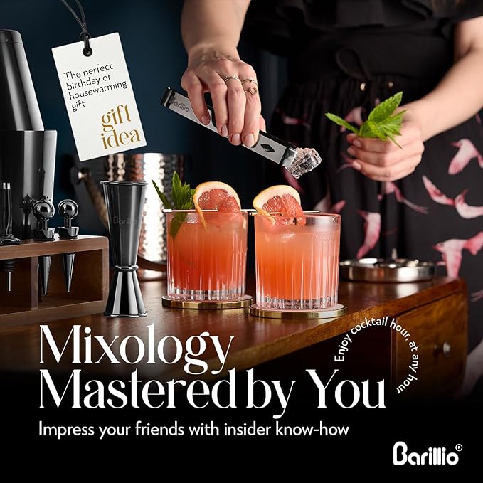 Barillio Black Bartender Kit – 23-Piece Stainless-Steel Cocktail Shaker Set with Premium Acacia Stand | Martini Barware Mixing Tools for Home Bartending | Gift Set