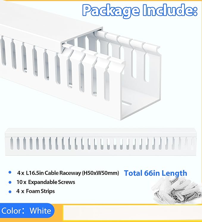 ZhiYo 66in(4X L16.5in) Professional Server Rack Cable Management Raceway, H2in x W2in Cable Raceway Kit, Electrically Safe PVC Open Slot Wire Raceway for Under Desk/Computer/Network Cords, White