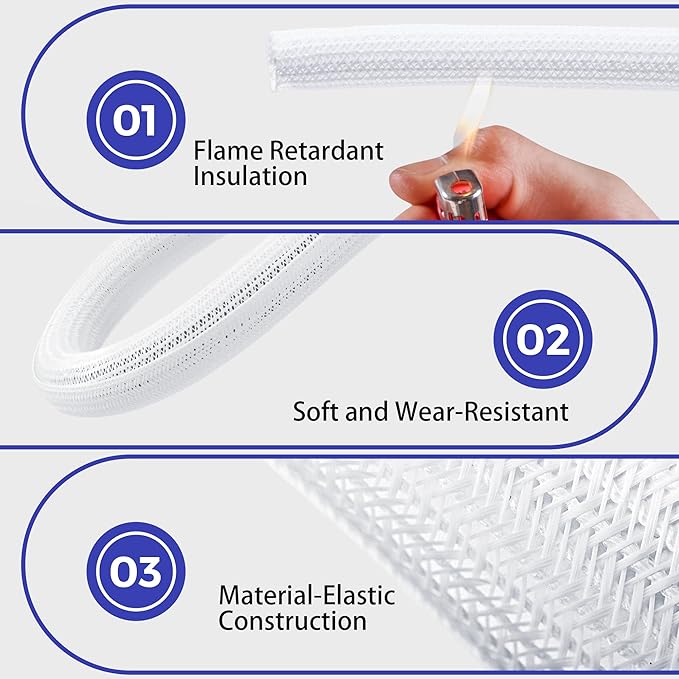 Cable Management Sleeves 1.2in - 2 Pack 4.1ft Split Braided Sleeve White, Hard PE Protectors From Pets, Wire Organizers, Flexible Wrap for Computer Cord Management