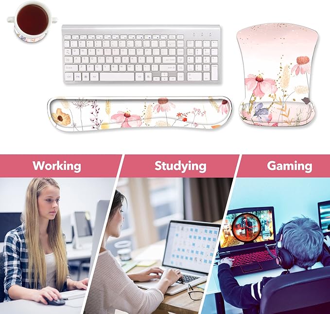 AIMSA Keyboard Wrist Rest and Mouse Pad with Wrist Support Set, Memory Foam Ergonomic Non-Slip Rubber Base, Easy Typing and Pain Relieve for Computer, Laptop,Pink Flowers