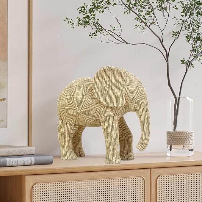 9-inch Beige Resin Elephant Statue - Small Home Decor Sculpture for Shelf, Dresser & Table Centerpiece, Classic Elephant Figurine for Living Room & Bedroom