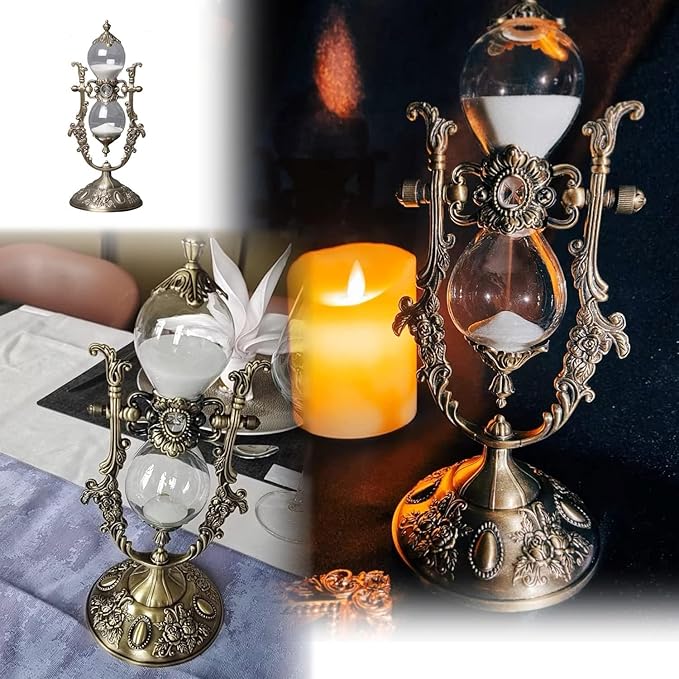 Sanduhr 15 Minuten,Hour Glass,Metal Vintage Hourglass,Hourglass Decor, Hourglass with Sand Embossed Metal Hour Glass Timer,for Home Desk Office Weddin Kitchen Timer (White Sand)