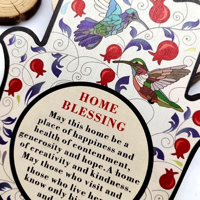 ArancioneandQ (English Blessing) 7.1 Inch Hamsa Good Luck Home Blessing Red Pomegranates and birds Protection Amulet Hand Wall Hanging Decor Evil Eye Protection gifts for home