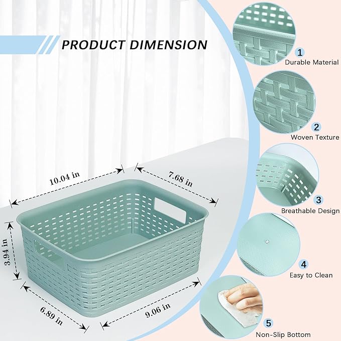 Soddeph Plastic Storage Baskets for Cabinets, Household Pantry Organization with Handle,Organizer Bins for Room,Bathrooms,Under-Sink,Kitchen (Green, S-3PACK)