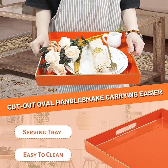 MAONAME Decorative Tray, Orange Serving Tray with Handles, Coffee Table Tray, Square Plastic Tray for Ottoman, Bathroom, Kitchen, 13"x13"x1.57"