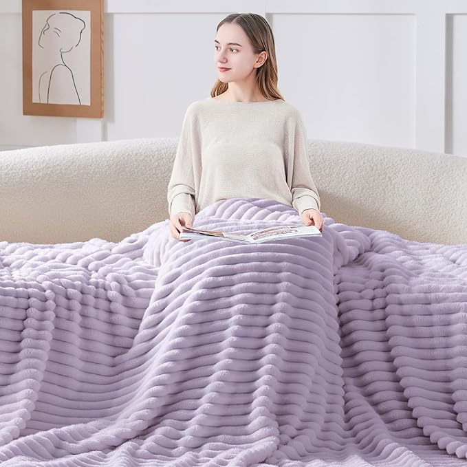 BEDELITE Fleece Throw Blanket for Couch - 300GSM Soft & Warm Fluffy Lavender Fog Blanket, Decorative and Giftable Striped Blankets for Women, Men, 50"x60"