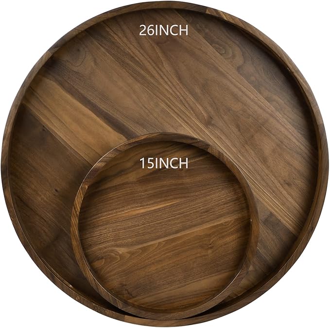 15 x 15 inches Round Ottoman Table Tray, Wooden Solid Black Walnut Circle Platter Decorative Serving Tray with Handle for Oversized Ottoman Home Breakfast in Bed Tea Coffee