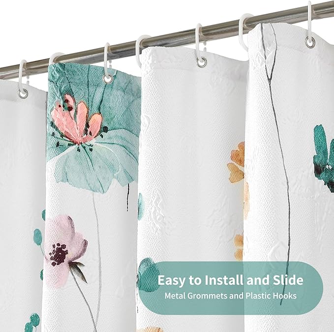 QiyI Watercolor Floral Shower Curtain, 3D Embossed Butterflies Teal Beige Flower Bathroom Curtain, Minimalist White Cloth Bath Curtains, Waterproof Fabric Textured Shower Curtain Set with Hooks, 72x72