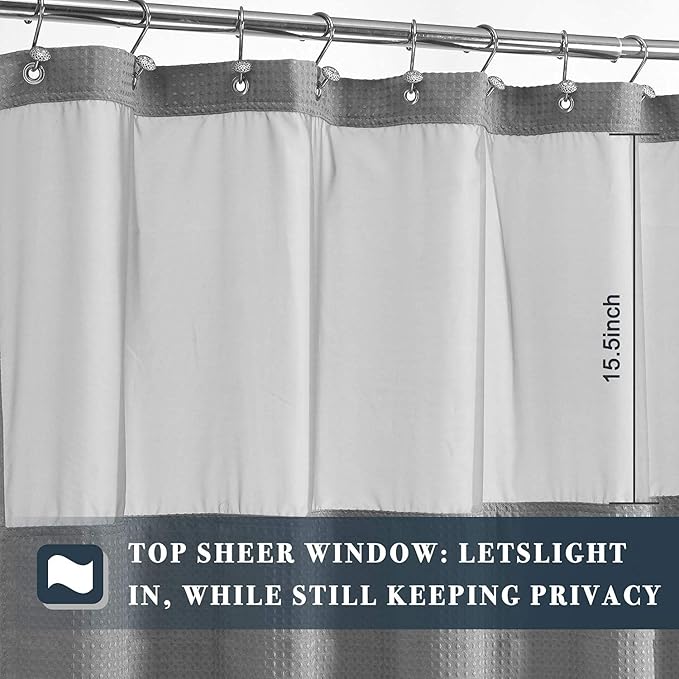 N&Y HOME Waffle Weave Shower Curtain with Snap-in Fabric Liner Set, 12 Hooks Included - Grey Shower Curtain Hotel Style, Water-Repellent & Washable, Mesh Top Window - 71x72, Gray