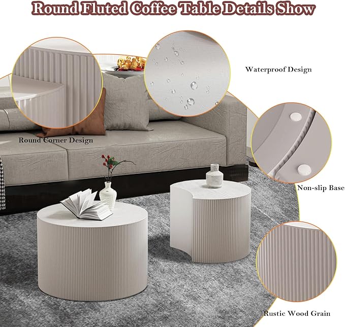 Modern Drum Coffee Table Set of 2 Stylish Minimalism Wave Stripe Fluted Nesting End Table - No Assemble, for Small Space (C-18.9IN+15IN)