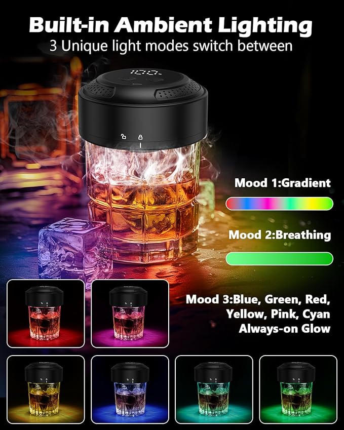 KeeKit Electric Whiskey Smoker Kit, Flameless Cocktail Smoker with Built-in Lighter, Old Fashioned Drink Maker Kit with 6 Wood Chips & Ambient Light, Bourbon Whiskey Gifts for Men, Dad, Husband