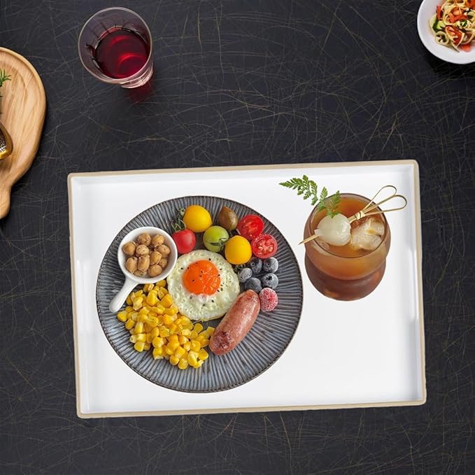 Large White Rectangular Decorative Tray – Plastic Serving Tray with Handles for Coffee Table, Ottoman, Living Room, 15.7” x 11.8” x 1.6