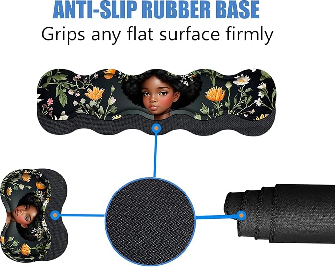 4 in 1 Ergonomic Memory Foam Mouse Pad Wrist Rest Set, Large XXL Gaming Desk Pad + Keyboard Wrist Rest + Mouse Wrist Cushion + Coaster for Home Office Study Gaming, African American Black Girl