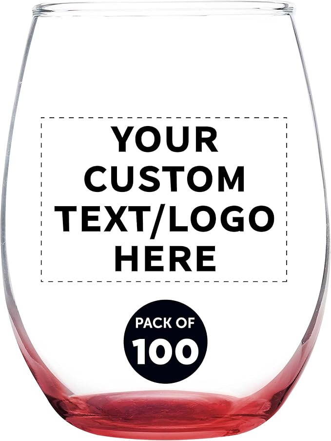 Custom Stemless Wine Glass 9 oz. Set of 100, Personalized Bulk Pack - Great for Wedding Favors, Bachelorette Party Decorations, Party Favors, Color Bottom - Red