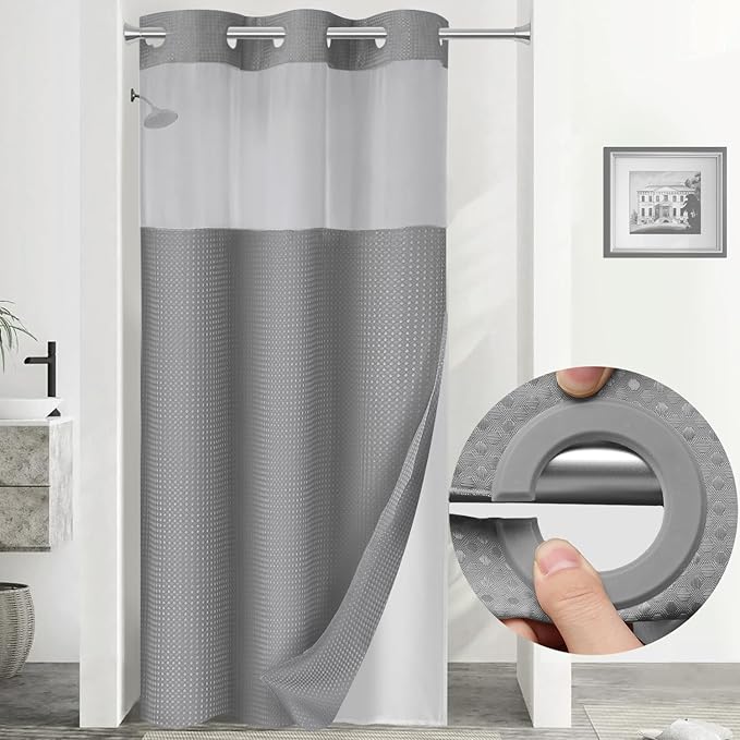 YellyHommy Stall No Hook Shower Curtain with Snap in Liner Set Less Time Grey Waffle Shower Curtain for Bathroom 75" L x 36" W