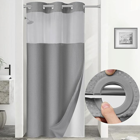 YellyHommy Stall No Hook Shower Curtain with Snap in Liner Set Less Time Grey Waffle Shower Curtain for Bathroom 75" L x 36" W