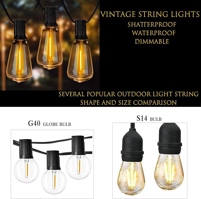 100ft Outdoor String Lights 48 ft with 25 LED Edison Bulbs, Dimmable Waterproof Shatterproof 2200K Warm