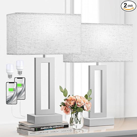 Bedroom Table Lamps Set of 2 - Beige Silver Touch Bedside Lamps with USB C+A, 3 Way Dimmable Gold Lamp for Nightstand, Modern Night Stands Lamps for Living Room End Tables