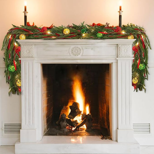 Christmas Garland with Lights for Mantle, 6 Ft Norfolk Pine Garland with 9 Christmas Bows and 2 LED Strings, Prelit Garland for Decoration Christmas, Table, Stairs, Indoor, Outdoor Decor