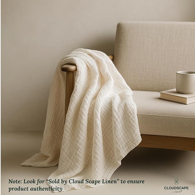 Cloud Scape Linen Extra Large 8-Layer Muslin Throw Blanket, 100% Cotton Gauze Blanket for Couch, Sofa, Bed, Lightweight, Suitable for All Season,50x70, White