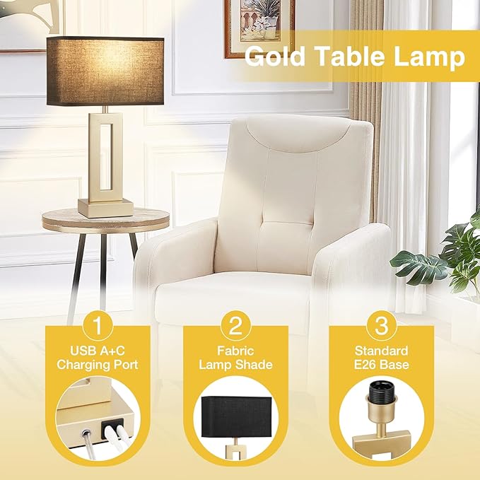 Bedroom Table Lamps Set of 2 - Black Gold Touch Bedside Lamps with USB C+A, 3 Way Dimmable Gold Lamp for Nightstand, Modern Night Stands Lamps for Living Room