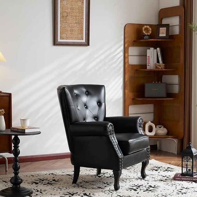 Modern Faux Leather Accent Chair, Upholstered Mid-Century Armchair with Solid Wood Legs, Single Sofa Chair for Living Room, Bedroom, or Reading Room（Black）