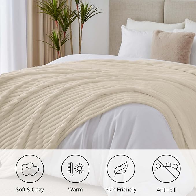 BEDELITE Blankets Queen Size for Bed, 300GSM Soft & Warm Fleece Blanket, Decorative and Giftable Striped Beige Blankets for Women, Men, 90"x90"