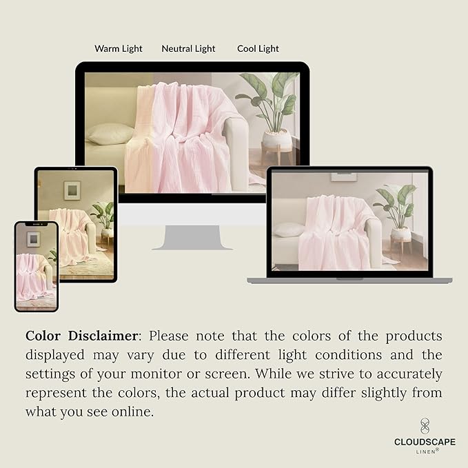 Cloud Scape Linen 100% 8 Layer Cotton Muslin Blanket King Size for Adult, Lightweight & Breathable, All Season Oversized Blanket for Bed, fits California King, 92x108, Seashell Pink