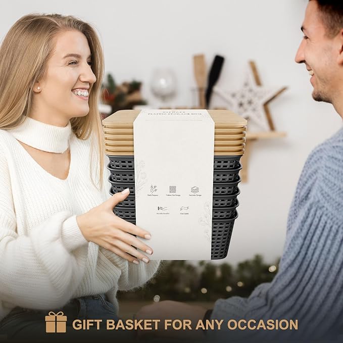 Small Storage Bins with Bamboo Lid, Plastic Storage Box with Lid, 5QT Stackable Organizing Basket with Lable, Storage Container for Classroom, Office, Closet, Shelf Organization, 10x7x4 In-Grey-6 Pcs