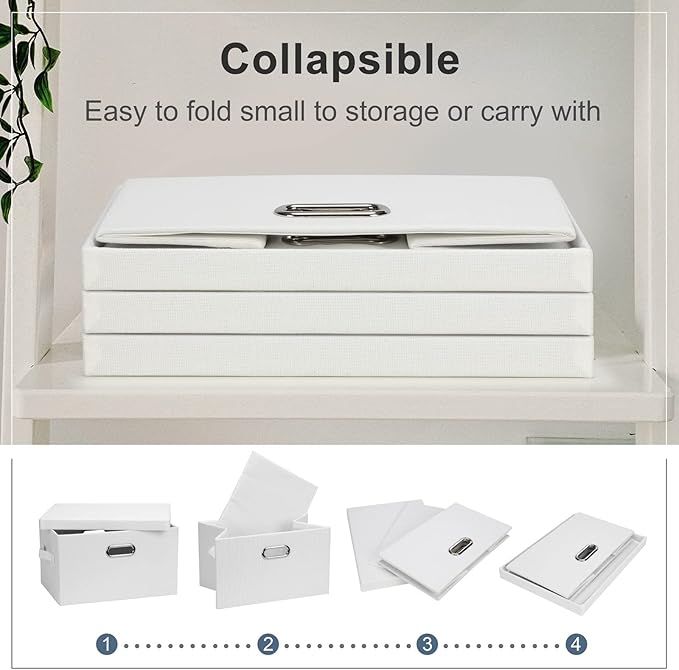 Medium 15" 21 Quart Collapsible Stackable Storage Bins with Lids, 1 Pack White Foldable Fabric Closet Storage Boxes with Lids, 4 Handles Heavy-duty Linen Cube Baskets for Bedroom