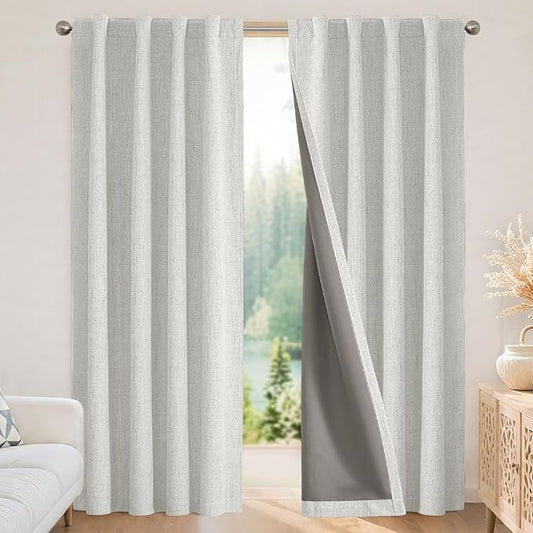 Joydeco Blackout Curtains for Bedroom - 63 Inch Long 100% Light Blocking 2 Panels Set White Drapes, Thermal Insulated Room Darkening Curtains, Linen Textured for Living Room, Rod Pocket & Back Tabs