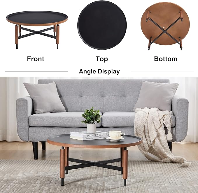 DUOMAY Modern Round Wood Coffee Table, 31.25'' Wide Center Table with X-Shaped Metal Base, Round Tubular Iron Legs Covered with Rubber Wood for Living Room, Lounge, Office, Apartment, Black
