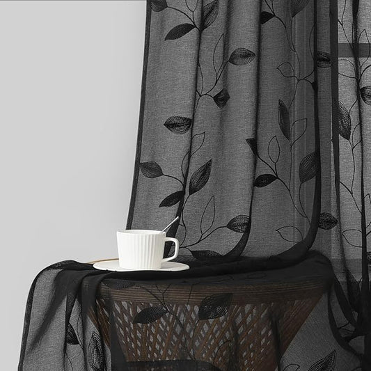 HOMEIDEAS Black Sheer Curtains 52 X 84 Inches Length 2 Panels Black Embroidered Leaf Pattern Gothic Faux Linen Floral Semi Sheer Voile Window Curtains/Drapes for Bedroom Living Room