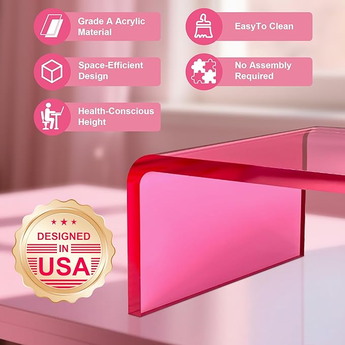 Acrylic Monitor Stand Riser Acrylic Laptop Stand for Desk Clear Computer Monitor Stand for Desk Accessories iMac Organizer Office Must-Haves Product for Working from Home Bright Pink
