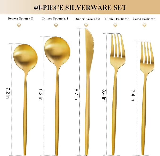 Gold Silverware Set for 8, MIKIWAY 40 Pieces Stainless Steel Flatware Set, Matte Golden Cutlery Tableware Set, Kitchen Utensils Set Include Spoons And Forks Set, Satin Polished, Dishwasher Safe