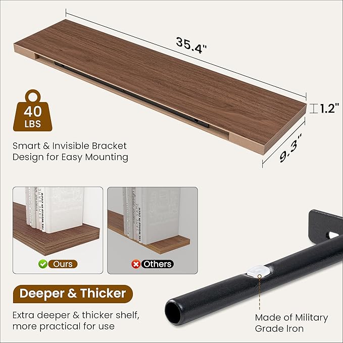 36 Inch Floating Shelves, 9.3 Inch Deep Rustic Wall Shelves - Extra Deeper Wall Mounted Storage Shelves for Bathroom, Kitchen, Living Room (Walnut, Set of 2)