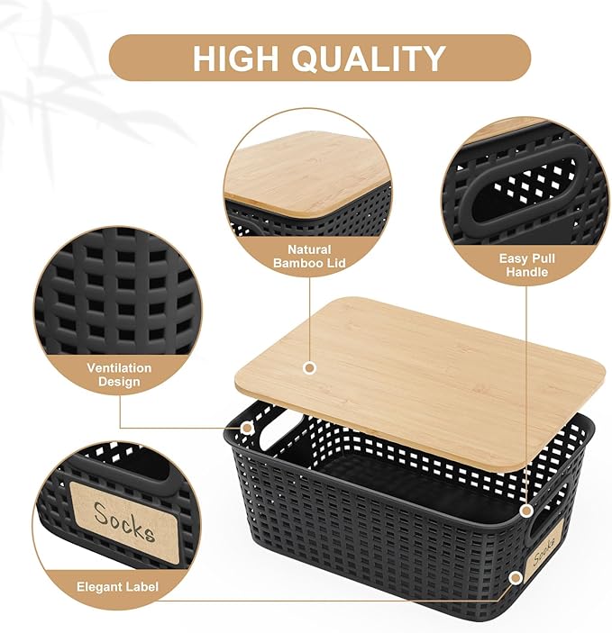Small Storage Bins with Bamboo Lid, Plastic Storage Box with Lid, 5QT Stackable Organizing Basket with Lable, Storage Container for Classroom, Office, Closet, Shelf Organization, 10x7x4 In-Black-6 Pcs