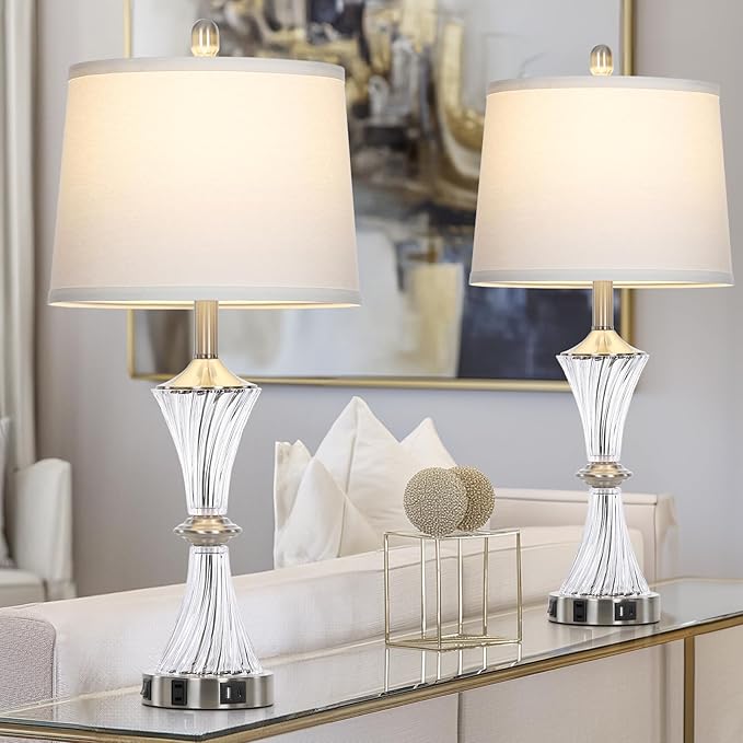 Crystal Glass Table Lamp Set of 2 With USB C+A Ports & AC Outlet - White Clear Modern Bedroom Lamps for Night Stands, Living Room - Silver Nightstand Lamps With LED Bulbs Included