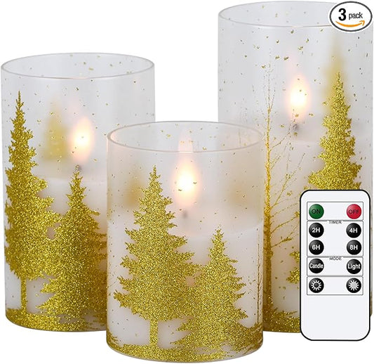 DRomance Christmas Tree Glass Flameless Candles with Remote Timer Battery Operated Real Wax 3D Wick LED Flickering Pillar Candles Christmas Holiday Decor(Gold, 3 x 4,5,6 Inch)