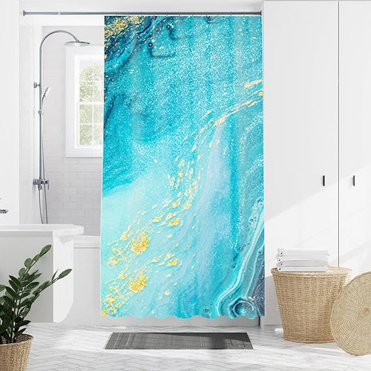 Domoku Blue Gold Marble Shower Curtain - Blue Golden Cracked Lines Abstract Modern for Bathroom Decor, Waterproof Texture Washable Fabric, 36 X 72