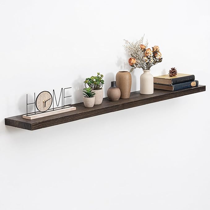 Floating Shelves, 8" Deep Rustic Solid Elm Wood Wall Mounted Floating Shelves, Wall Shelves with Invisible Bracket for Living Room Bathroom Bedroom Kitchen, 55 Inch, Walnut