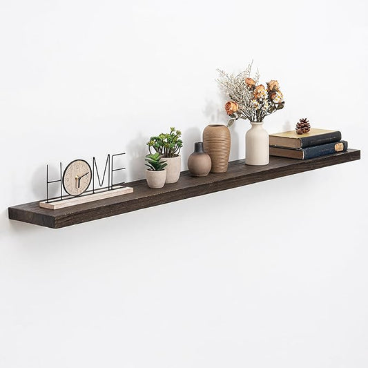Floating Shelves, 8" Deep Rustic Solid Elm Wood Wall Mounted Floating Shelves, Wall Shelves with Invisible Bracket for Living Room Bathroom Bedroom Kitchen, 55 Inch, Walnut