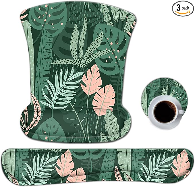 AIMSA Wrist Rest Support Mouse Pad Ergonomic, Memory Foam Keyboard Wrist Rest Set Non-Slip Easy Typing and Relieve Wrist Pain Mouse Mat for Computer Office - Pink Green Leaves