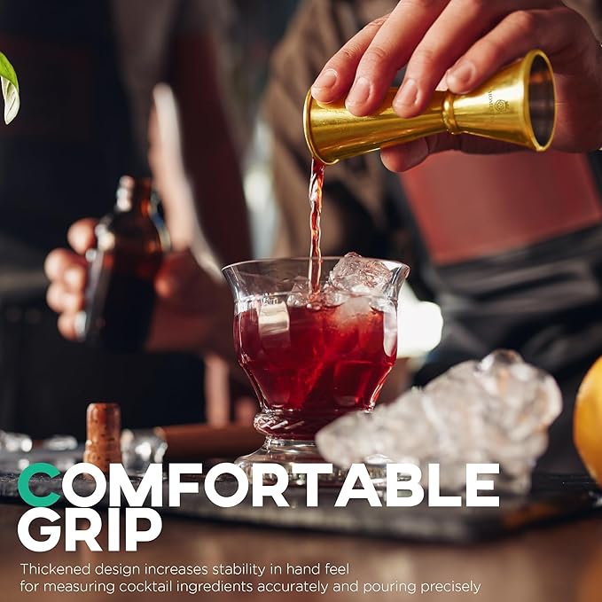 Homestia Japanese Jigger, Measurements Inside, Stainless Steel Cocktail Double Jigger for Bartending, Drink Measuring Cup, Premium & Heavy-Duty 2 oz 1 oz Bartender Tools (Gold)