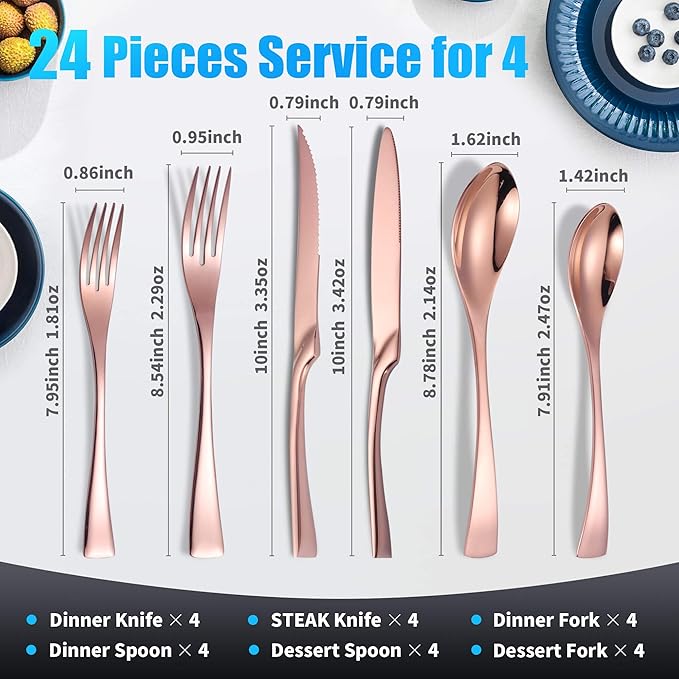 Lemeya 24-Piece Rose Gold Silverware Set with Steak Knives,Forged 18/10 Stainless Steel Cutlery Set for 4,Modern Heavy Duty Flatware Utensils Set,Forks Spoons and Knives Set,Dishwasher Safe