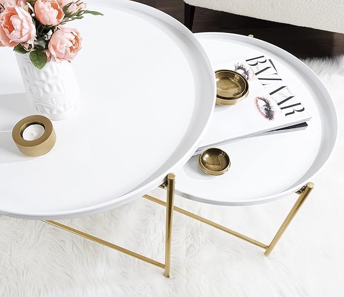 Kate and Laurel Ulani Modern Nesting Coffee Table, Set of 2, White and Gold, Glam Coffee Table Set for Storage and Display