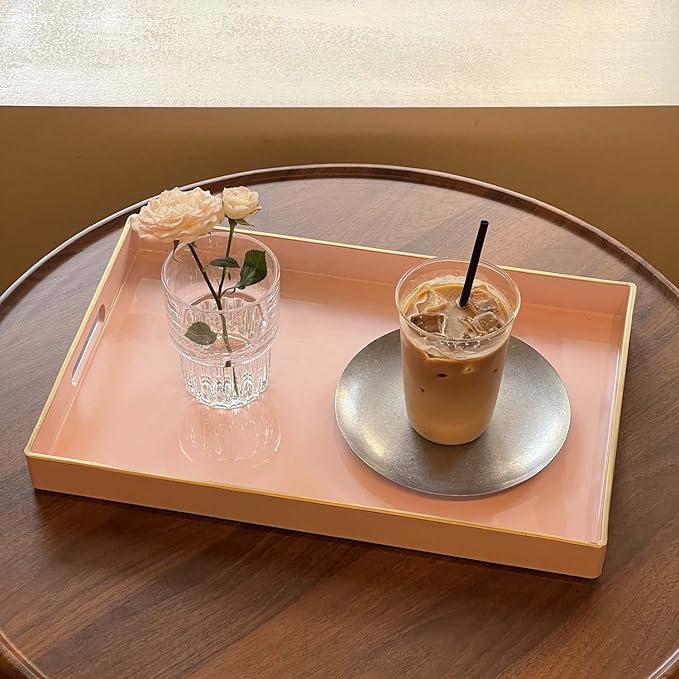 Zosenley Decorative Tray, Rectangular Plastic Tray with Handles, Modern Vanity Tray and Serving Tray for Bathroom, Kitchen, Ottoman and Coffee Table, 15.6” x 10.2” (Pink)