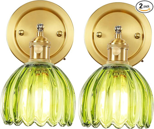 Vintage Wall Sconces Set of Two, 180 Degree Adjustable Brass Vanity Lights Fixture with Green Tulip Glass Lampshade, Hradwired Modern Wall Lighting for Bedside Bedroom Bathroom