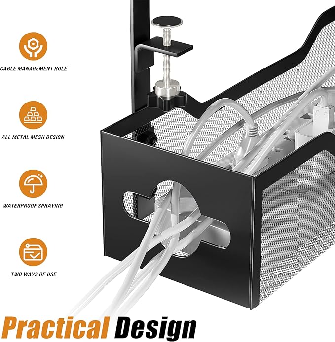 Under Desk Cable Management Tray 24.8", Quszmd Cable Organizer No Drill, Standing Cord Organizer and Wire Management Tray - No Damage to Desk, Black
